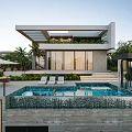 Modern Detached Villa With Garage Parked Cars Palm Trees And Greenery