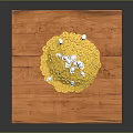 Elegant Jewelry Design Featuring Golden Circular Ornaments and White Pearl Accents on Wooden Display Surface