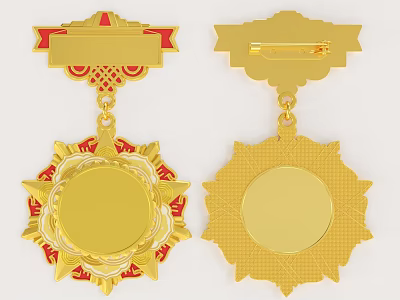 Ornate Golden Badges With Red Accents Intricate Patterns And Circular Center Design 3d model