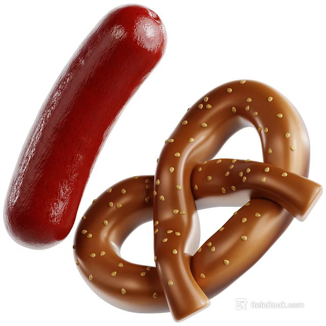 Red Sausage and Brown Pretzel with Sesame Seeds as Tasty Snacks 3d model 