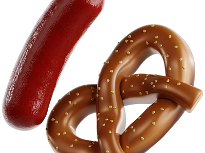 Red Sausage and Brown Pretzel with Sesame Seeds as Tasty Snacks 3d model