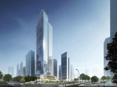 Elegant Modern High Rise Office Building With Glass Curtain Wall And Urban Skyline View 3d model