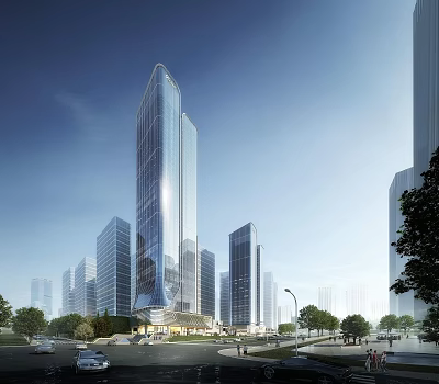 Elegant Modern High Rise Office Building With Glass Curtain Wall And Urban Skyline View 3d model