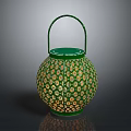 Green Home Decor Lantern With Intricate Floral Patterns And Curved Handle
