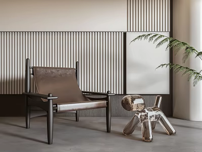 Leisure Accent Chair With Leather Seat Vertical Slat Wall Leafy Plant And Metallic Decor 3d model