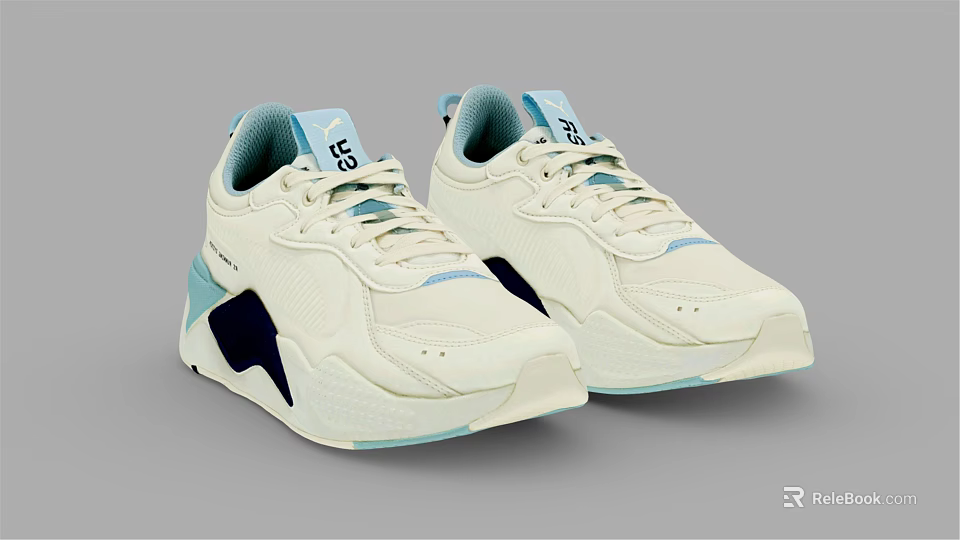White Casual Sneakers With Light Blue Accents And Dark Contrast Side Panels 3d model 