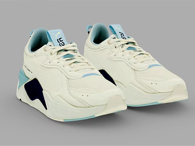 White Casual Sneakers With Light Blue Accents And Dark Contrast Side Panels 3d model