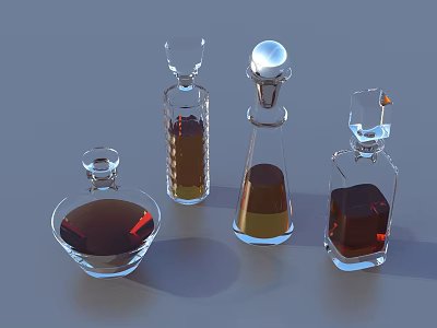 Transparent Glass Wine Bottles And Wine Glass With Amber Brown Liquids In Different Shapes 3d model