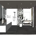 Modern Bathroom Interior With Floral Pattern Wall Glass Shower Bathtub And Vanity
