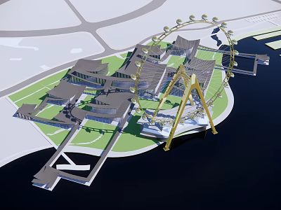 Modern Commercial Complex With Ferris Wheel Waterfront Green Space And Architectural Design 3d model