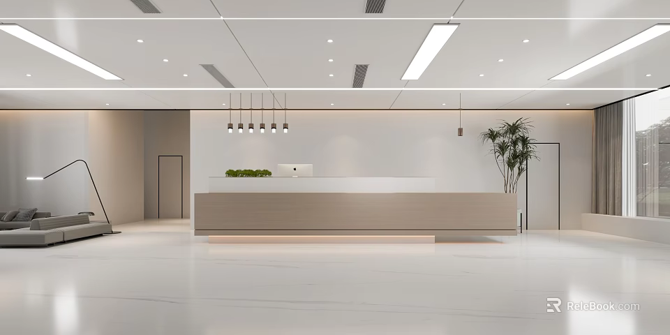 Modern Front Desk Reception Area With Pendant Lights And Indoor Green Plant Design 3d model 