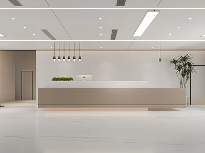 Modern Front Desk Reception Area With Pendant Lights And Indoor Green Plant Design 3d model