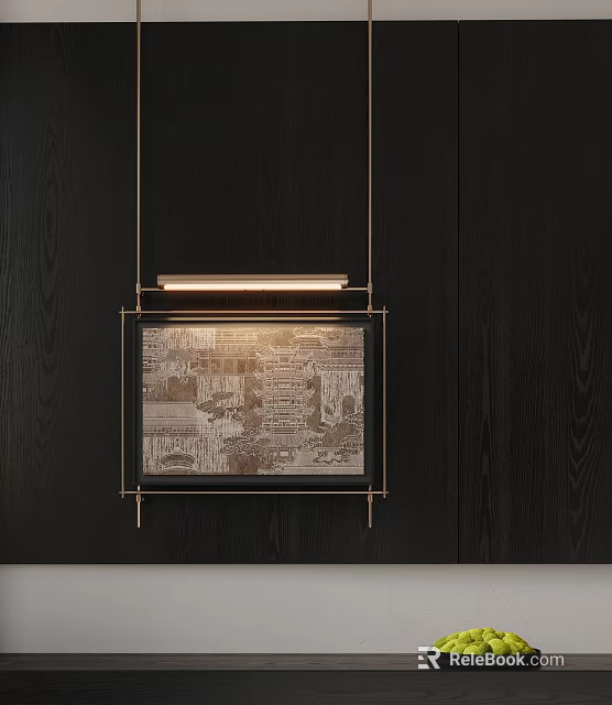 Black Wall Art Display With Gold Frame Artwork And Rectangular Ceiling Light Illuminating 3d model