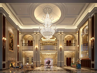 Luxurious Hotel Lobby Interior With Crystal Chandelier Marble Flooring And Arched Columns 3d model