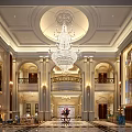 Luxurious Hotel Lobby Interior With Crystal Chandelier Marble Flooring And Arched Columns