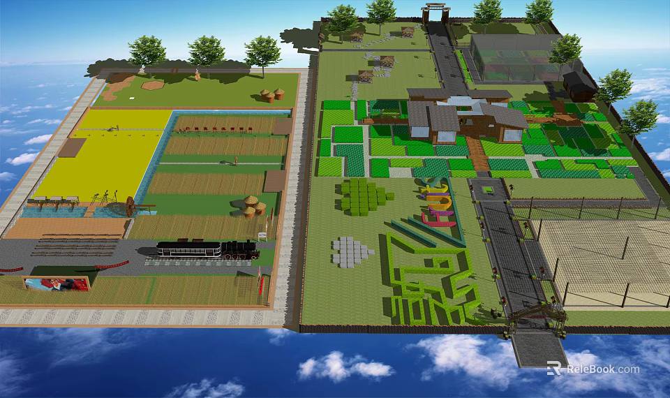 Rural Landscape Design With Farmland Green Fields Trees And Traditional Buildings 3d model 