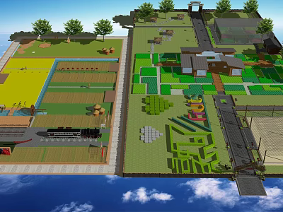 Rural Landscape Design With Farmland Green Fields Trees And Traditional Buildings 3d model