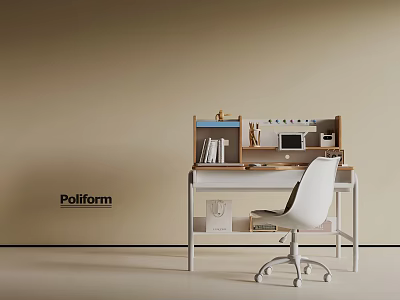 Modern Poliform Desk With Shelf Laptop Books And White Office Chair 3d model