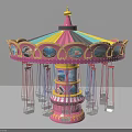 Colorful Pink Carousel Swing Ride With Hanging Seats And Scenic Paintings