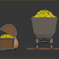 Mine Cart Filled With Gold Coins Near Wooden Barrel And Clay Pot