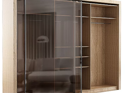 Modern Wardrobe Cabinet With Glass Doors Wooden Interior Shelves And Clothing Rod 3d model