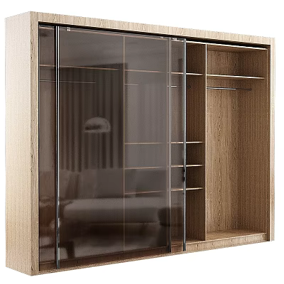 Modern Wardrobe Cabinet With Glass Doors Wooden Interior Shelves And Clothing Rod 3d model