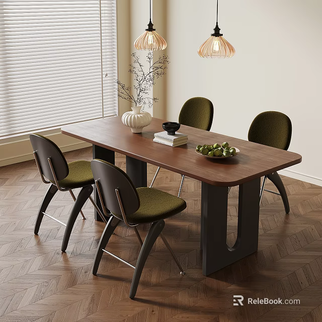 Modern Wooden Dining Table With Four Green Chairs Vase Books Fruit Bowl And Pendant Lights 3d model 