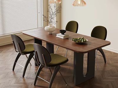 Modern Wooden Dining Table With Four Green Chairs Vase Books Fruit Bowl And Pendant Lights 3d model
