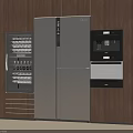 Modern Kitchen With Silver Side by Side Refrigerator Wooden Cabinets and Built in Wine Cooler