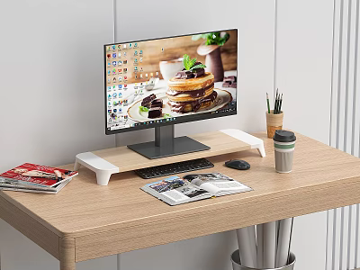 Modern Computer Monitor Setup On Wooden Desk With Stand Keyboard Mouse Coffee Cup And Magazines 3d model