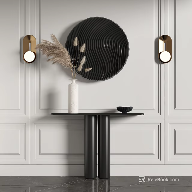 Modern Console Table With White Paneled Wall Black Circular Decor And Gold Sconces 3d model