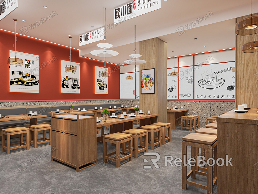 Modern Fast Food Restaurant, snack bar, snack bar, noodle shop, breakfast shop, food card holder, dining table and chair stall model