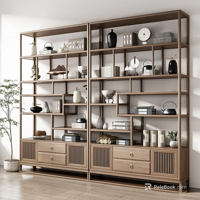 Modern Wooden Display Shelf With Drawers And Decorative Vases Tea Sets Books 3d model 