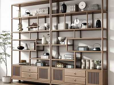 Modern Wooden Display Shelf With Drawers And Decorative Vases Tea Sets Books 3d model