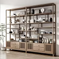 Modern Wooden Display Shelf With Drawers And Decorative Vases Tea Sets Books