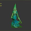 Female Doll In Blue Dress With Green Pointed Hat Holding Broom On Pink Base