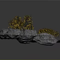 Wood And Stone Natural Landscape With Yellow Leaf Trees And Rocks