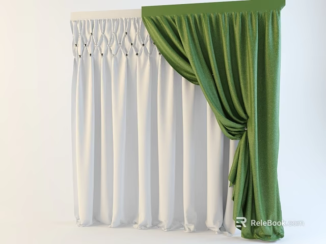 White and Green Layered Curtains with Elegant Pleated Design and Sheer Inner Panel 3d model 