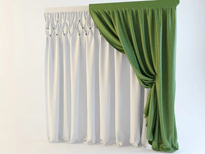 White and Green Layered Curtains with Elegant Pleated Design and Sheer Inner Panel 3d model