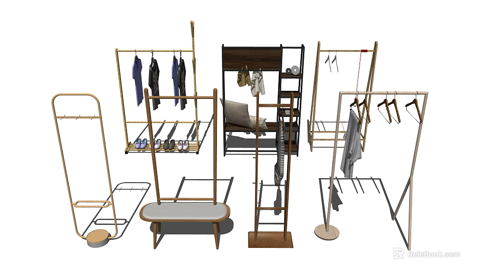 Various Stylish Clothes Racks With Hanging Clothes And Functional Designs For Home 3d model 