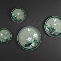 Round Framed Painting with White Lotus Flowers Green Leaves in Green Frame