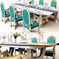 Elegant Classic Dining Table Set With Blue Chairs Gold Accents Flower Vase And Candle Holders