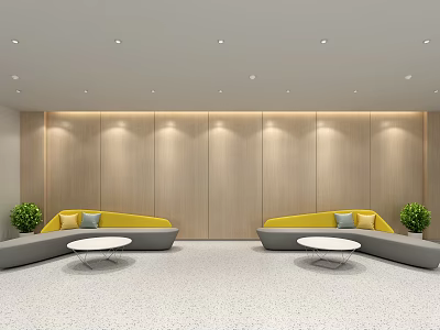 Modern Service Hall Interior With Wooden Walls Comfortable Sofas Coffee Tables And Green Plants 3d model