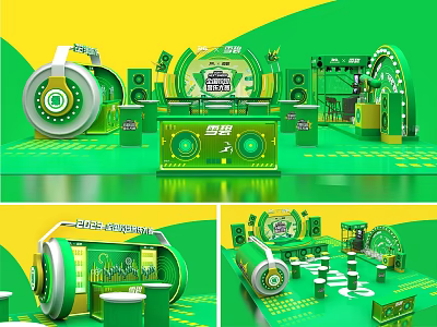 Energy Shopping Exhibition Booth Design With Green Yellow Theme And Headphone Decor 3d model