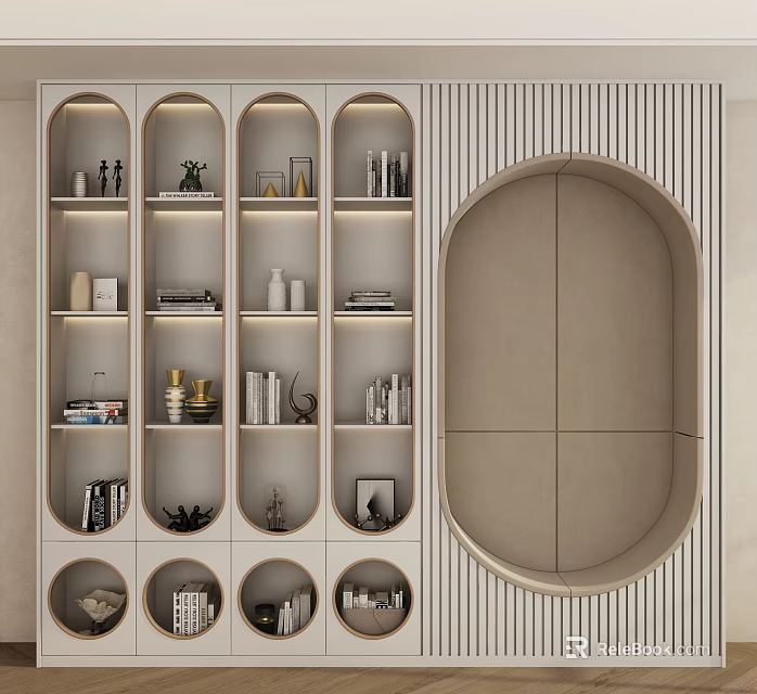 Modern Bookcase With Oval Arch Design Geometric Shelves LED Lighting And Decorative Items 3d model 