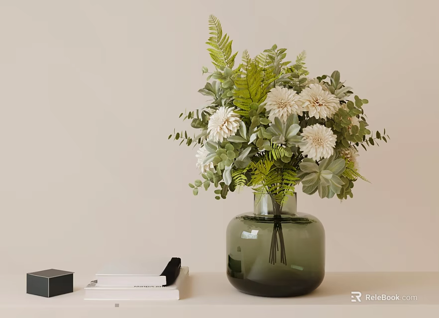 Elegant Decorative Ornament Set With Green Vase White Flowers Leaves Books And Small Black Box 3d model 