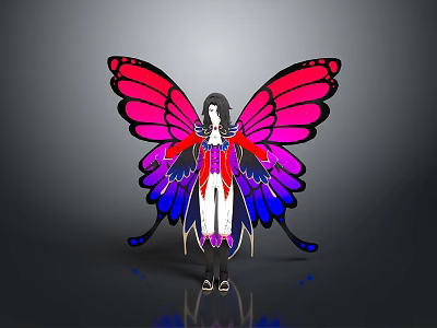 Fantasy Female Character With Red Pink Blue Gradient Butterfly Wings And Decorative Outfit 3d model