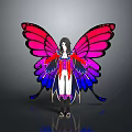 Fantasy Female Character With Red Pink Blue Gradient Butterfly Wings And Decorative Outfit