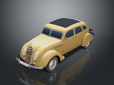 Vintage Yellow Classic Sedan With Black Roof And Retro Design Elements 3d model