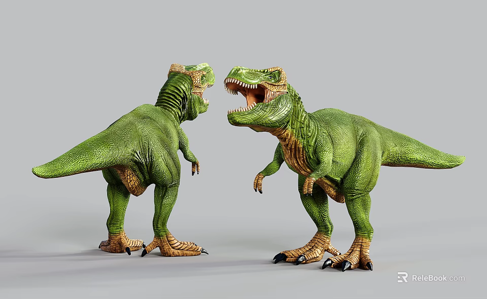 Two Green T Rex Reptiles Facing Each Other Roaring With Sharp Teeth And Yellow Undersides 3d model 
